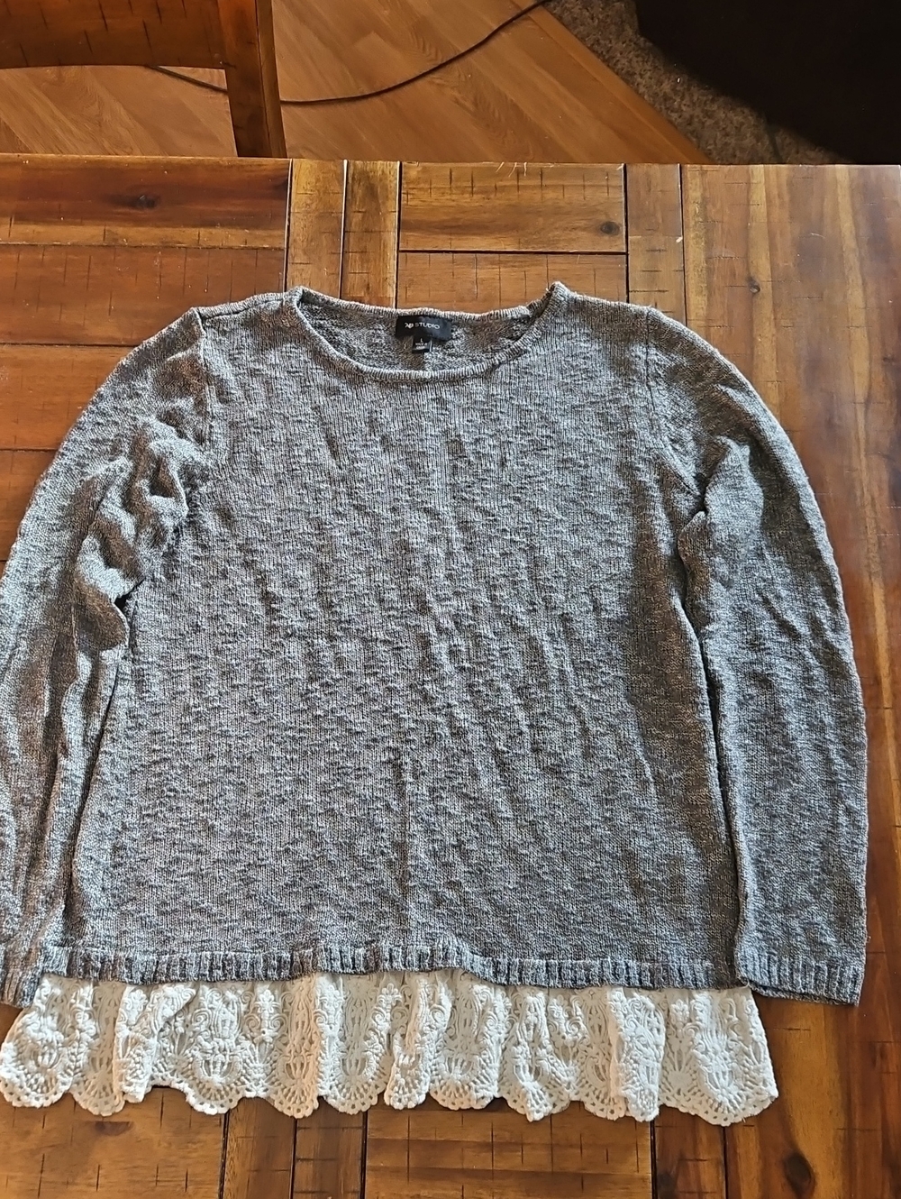 AB Studio Gray Crewneck Sweater with Cream Lace Trim